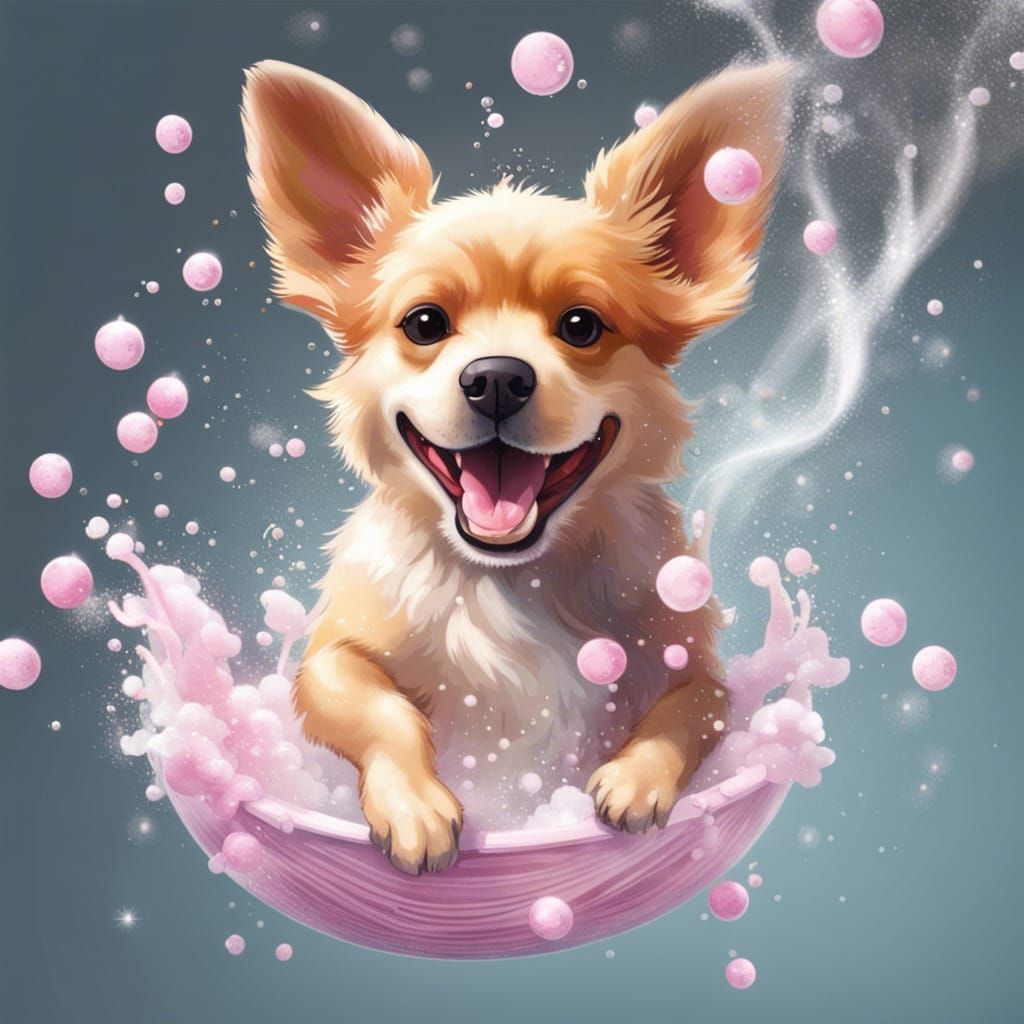 Cherry Blossom Bubble Dog in Bath Tub