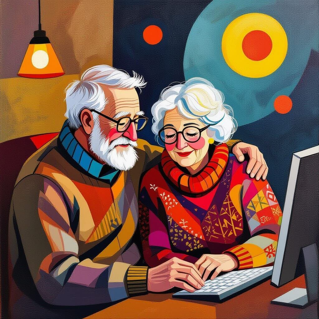 Cozy Grandparents View Computer in Expressive Abstract Style