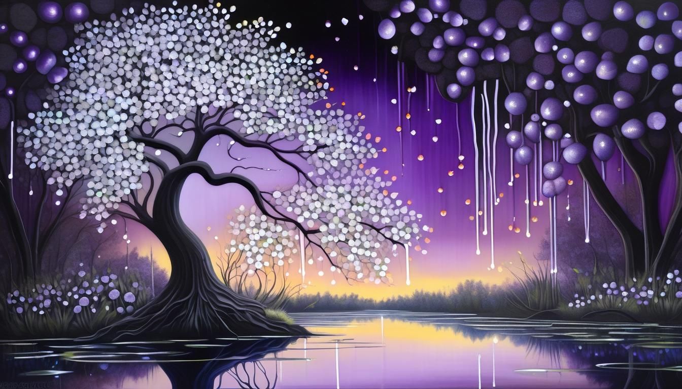 Ethereal Tree with Fireflies in Surrealist Gouache