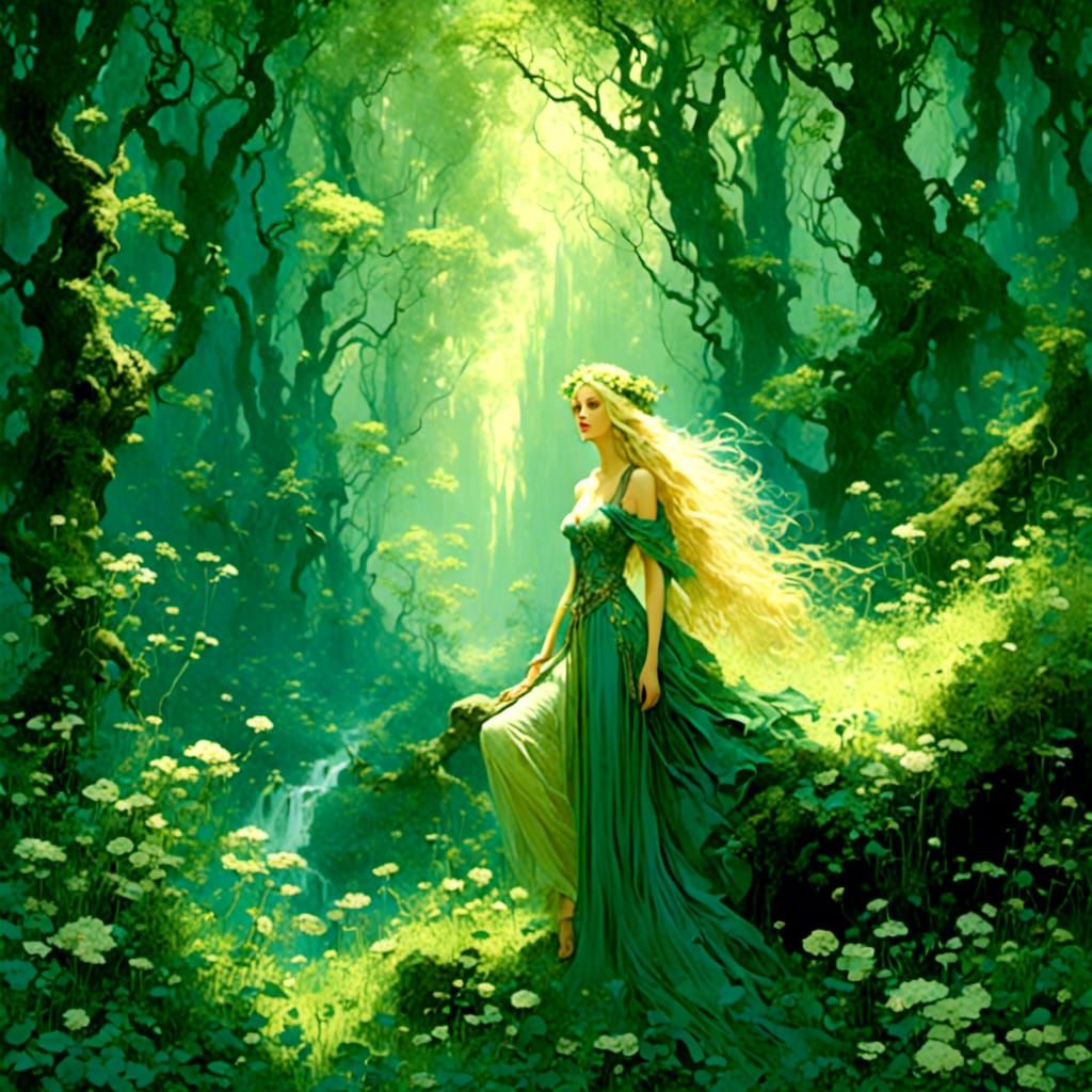 Enchanted Fairy in Spring Forest Illustration