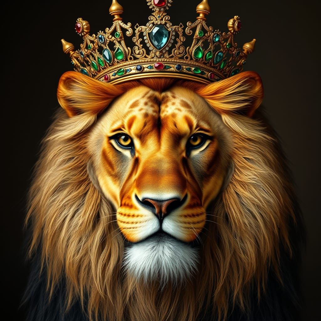 Regal Lion Adorned with Golden Crown and Precious Jewels
