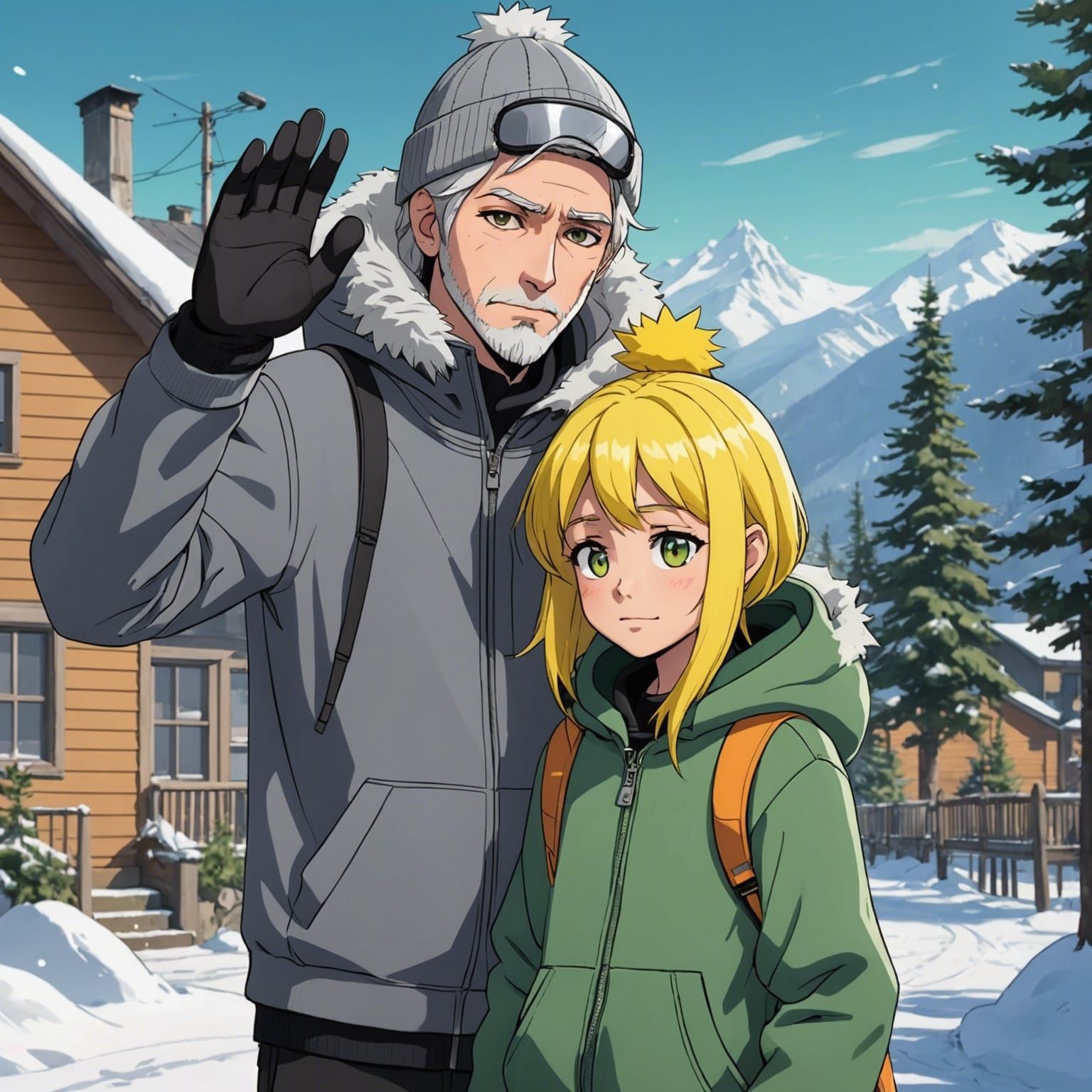 Anime-Style Man Salutes Girl in Winter Clothes