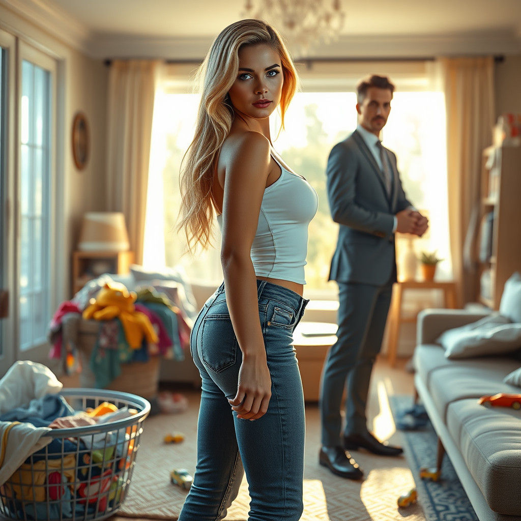 Blonde Woman and Italian Man in Sunlit Living Room