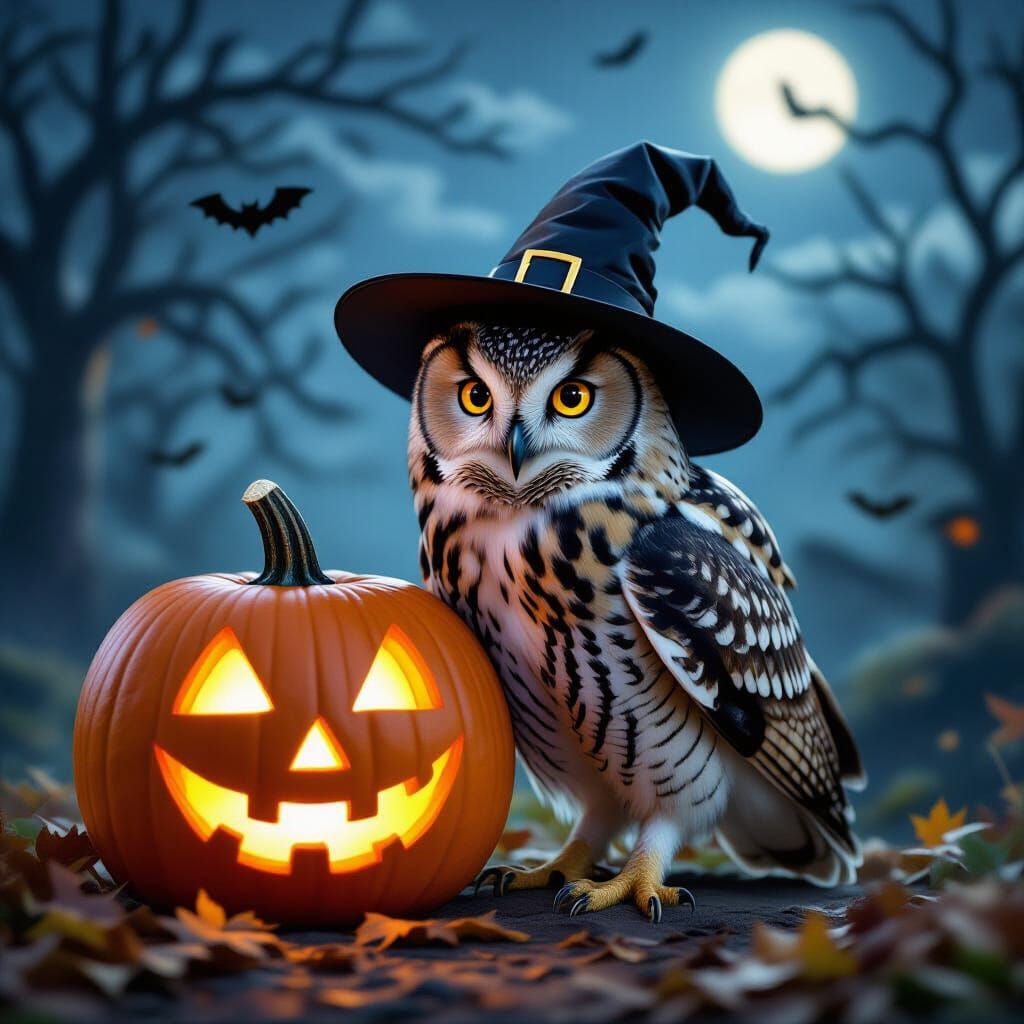 Halloween Owl and Pumpkin Scene