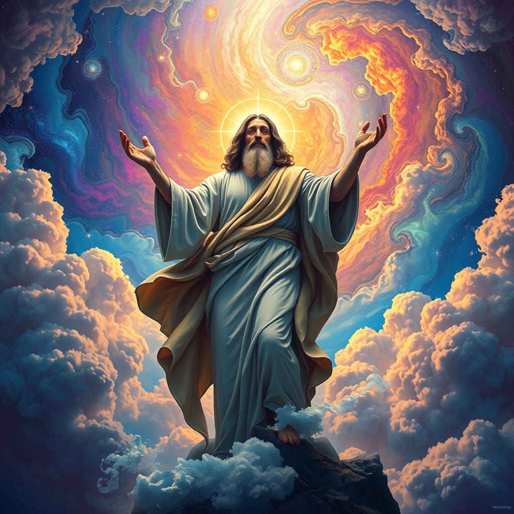 Celestial Biblical Figure in Cosmic Astral Scene