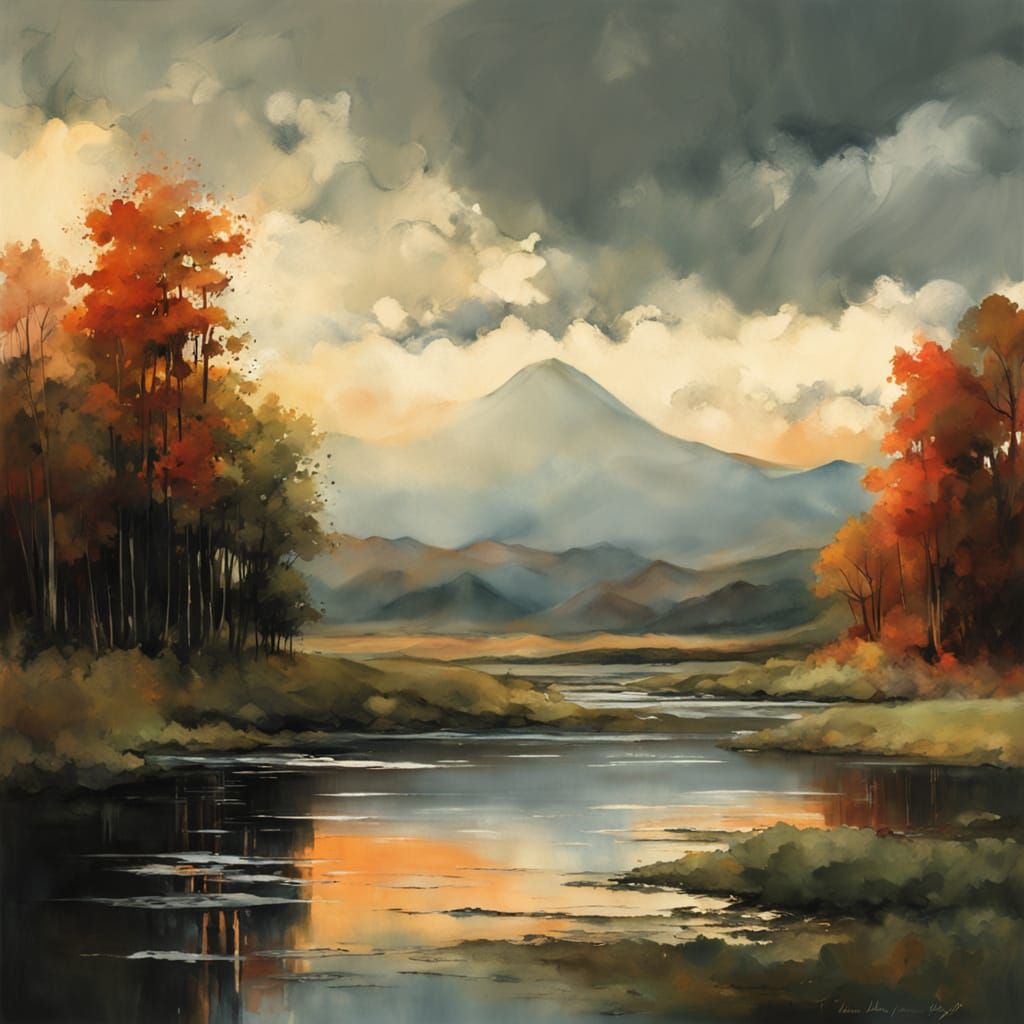 Serene European Ink Painting of River at Sunset