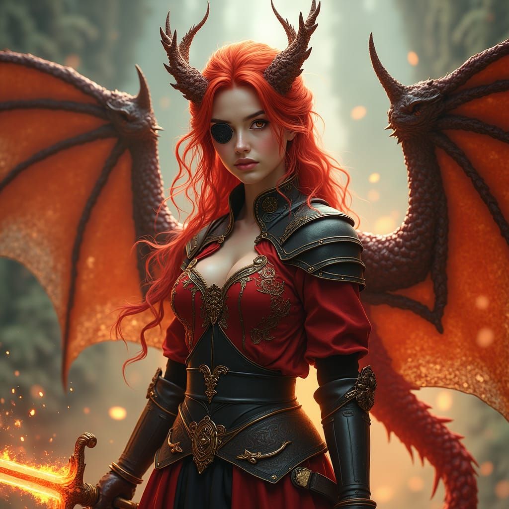 Dragon Woman with Fiery Sword in Fantasy Art Style