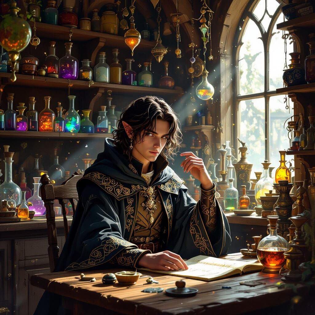 Mage in Alchemist Shop, Fantasy Illustration