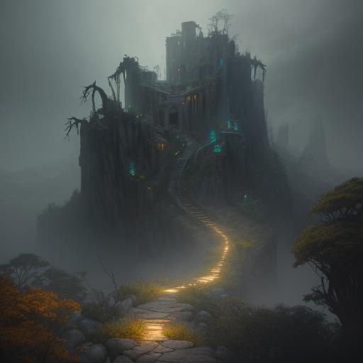 Rattlesnake Coiled on Mist-Shrouded Rock in Fantasy Art