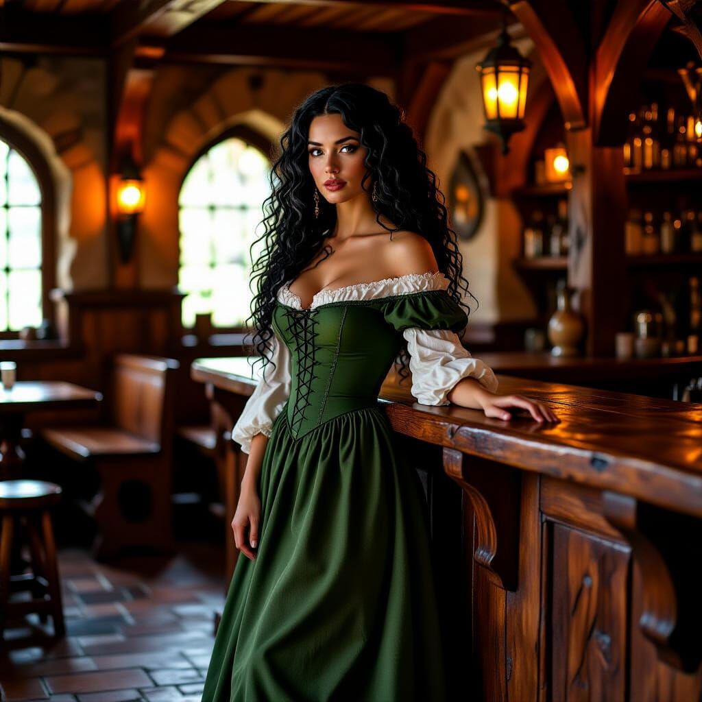 Medieval Tavern Scene with Woman in Green Dress