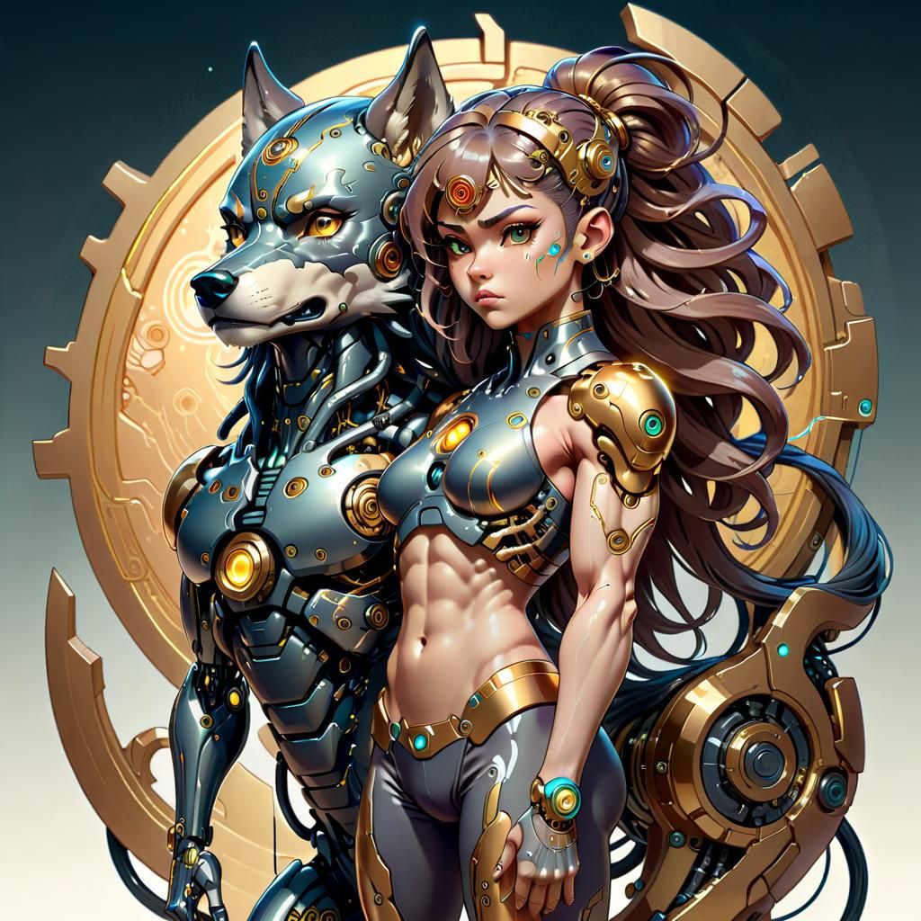 Cyborg Woman and Wolf in Art Nouveau Style