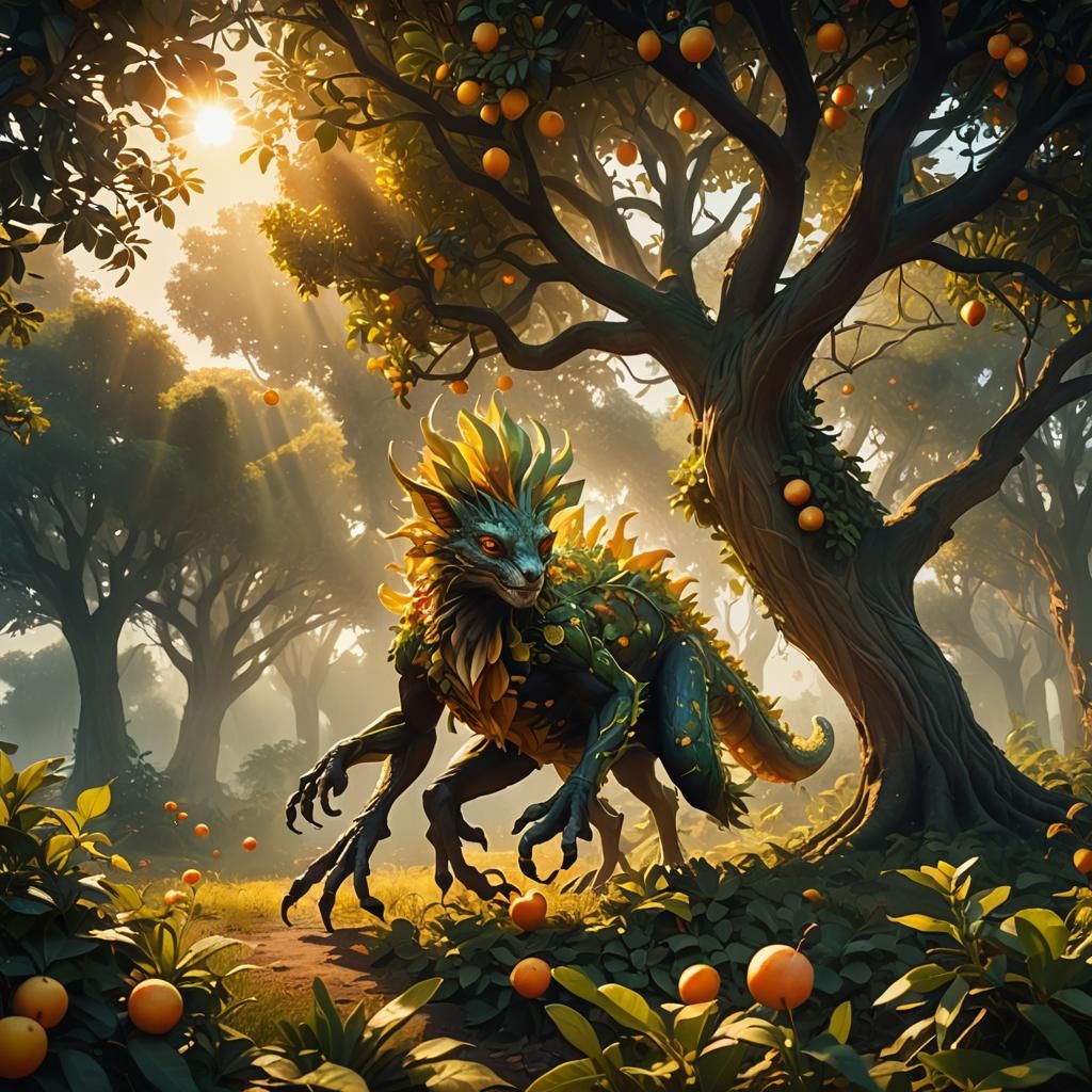 Tree Creature Chase at Sunset in Digital Painting