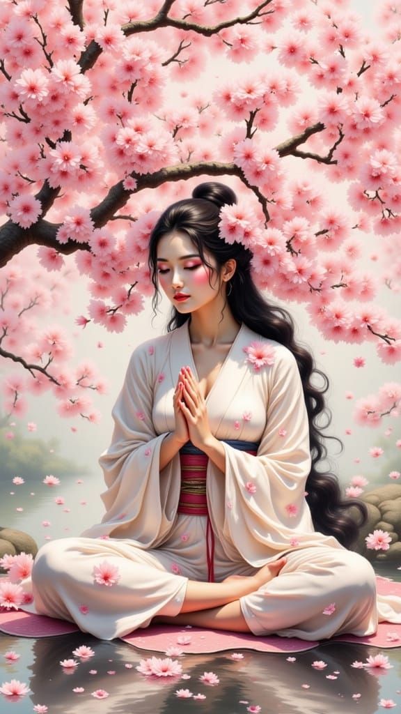 Geisha Meditating Under Cherry Tree in Japanese Ink Style