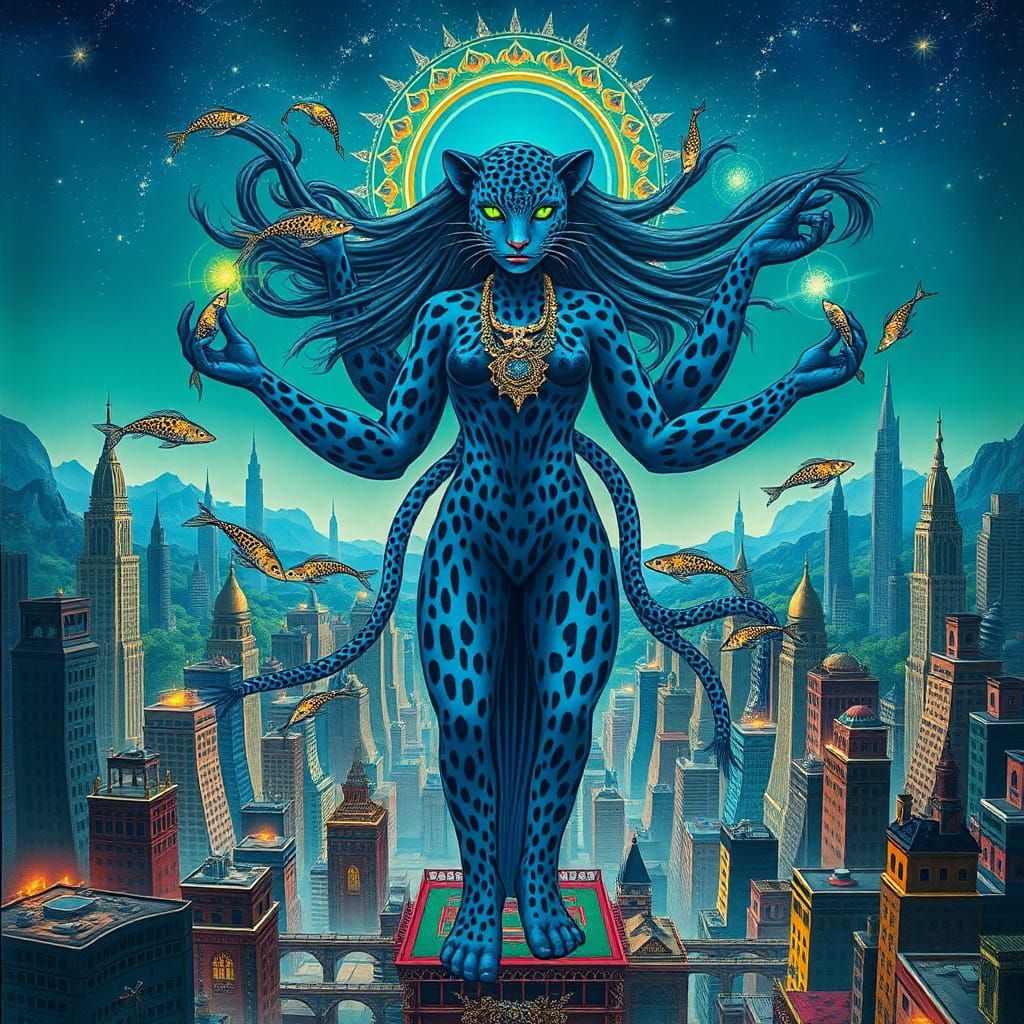 Lapis Lazuli Leopard Woman in Surreal Metropolis