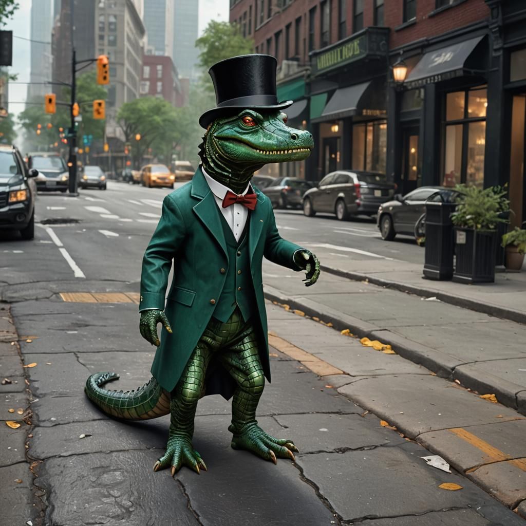 Emerald Alligator in Tuxedo on Fifth Avenue