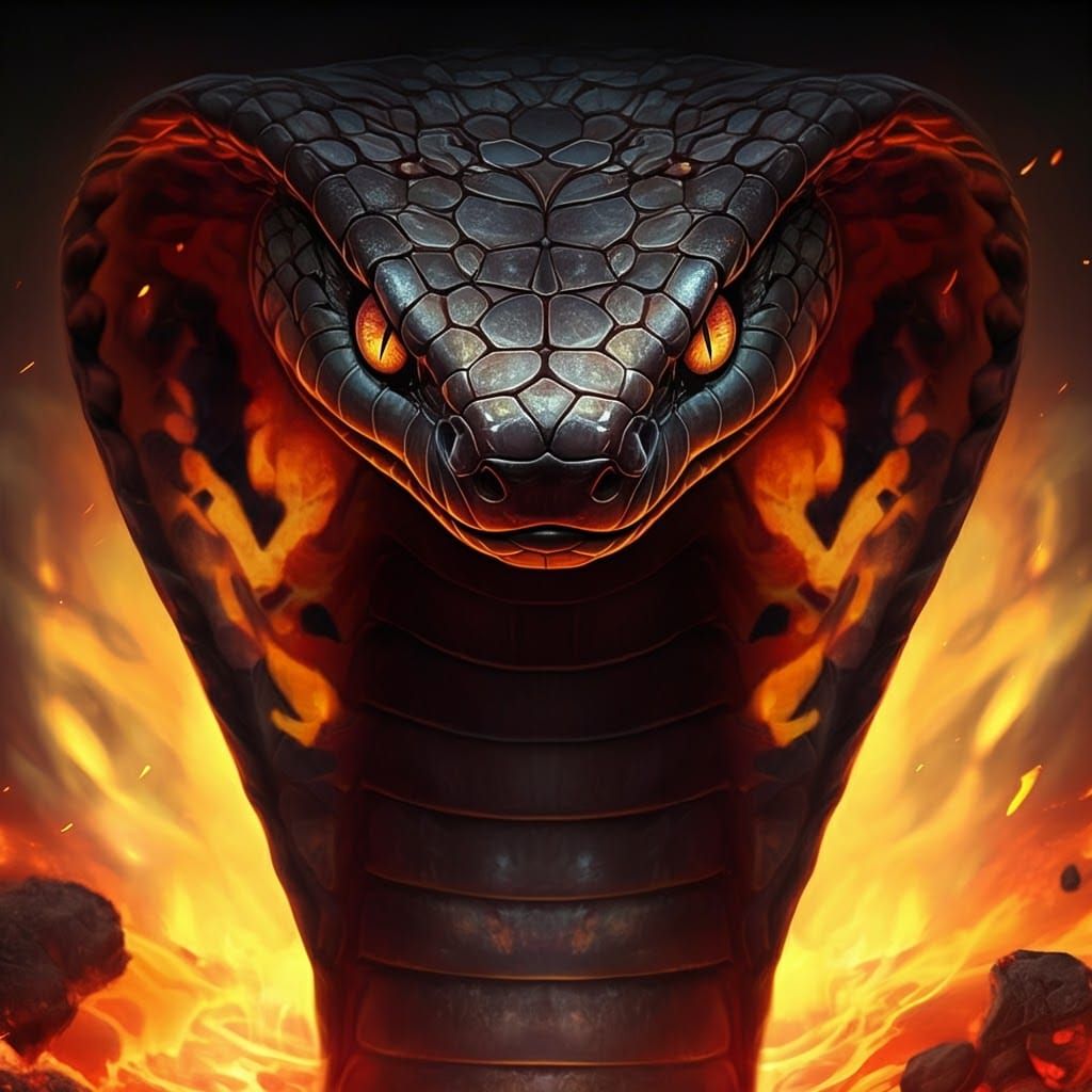Furious Cobra Face in Fiery Landscape
