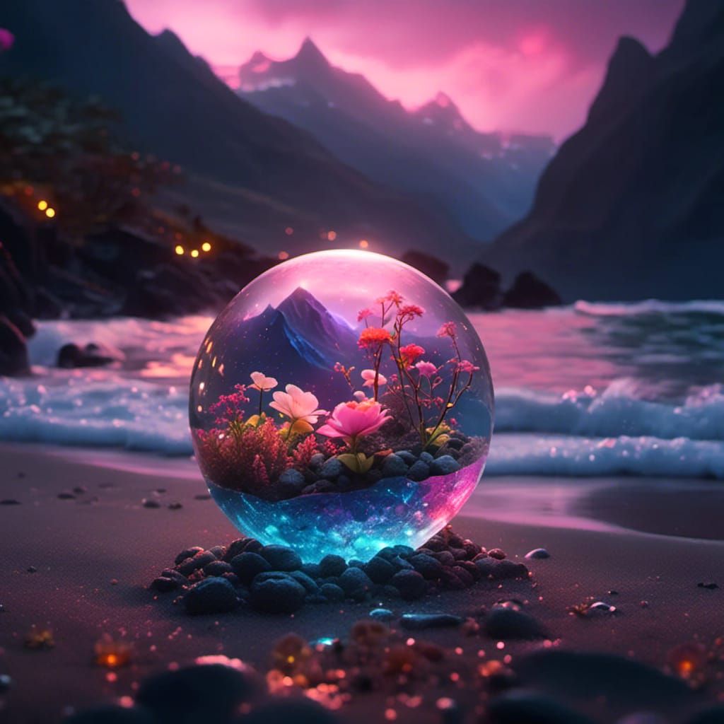 Glowing Flowers in Glass Sphere on Dark Beach