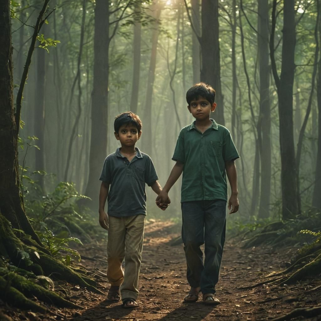 Heroic Father and Son Stand Tall in Mysterious Forest