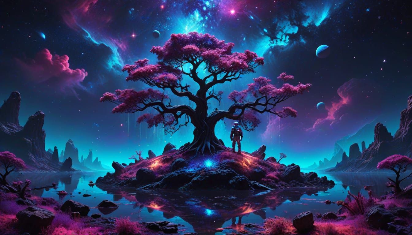 Surreal Cosmic Landscape with Radiant Trees and Glowing Neon...