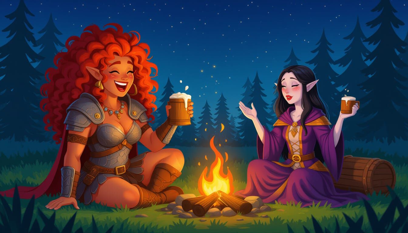 Ginger Barbarian Woman Laughing by Campfire, Retro Cartoon