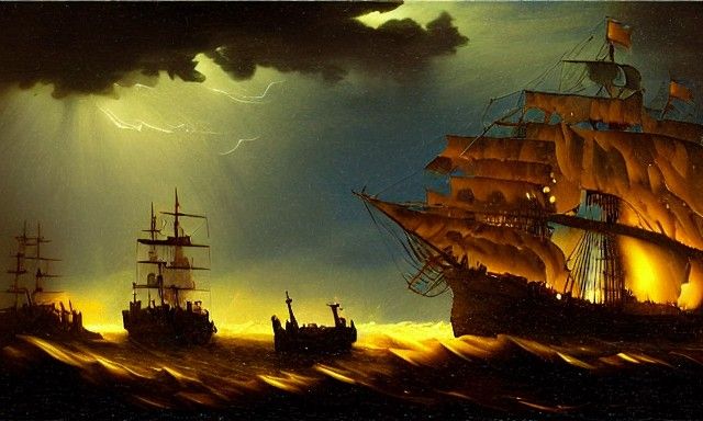 Pirate Ship Captain in Storm, Renaissance Painting