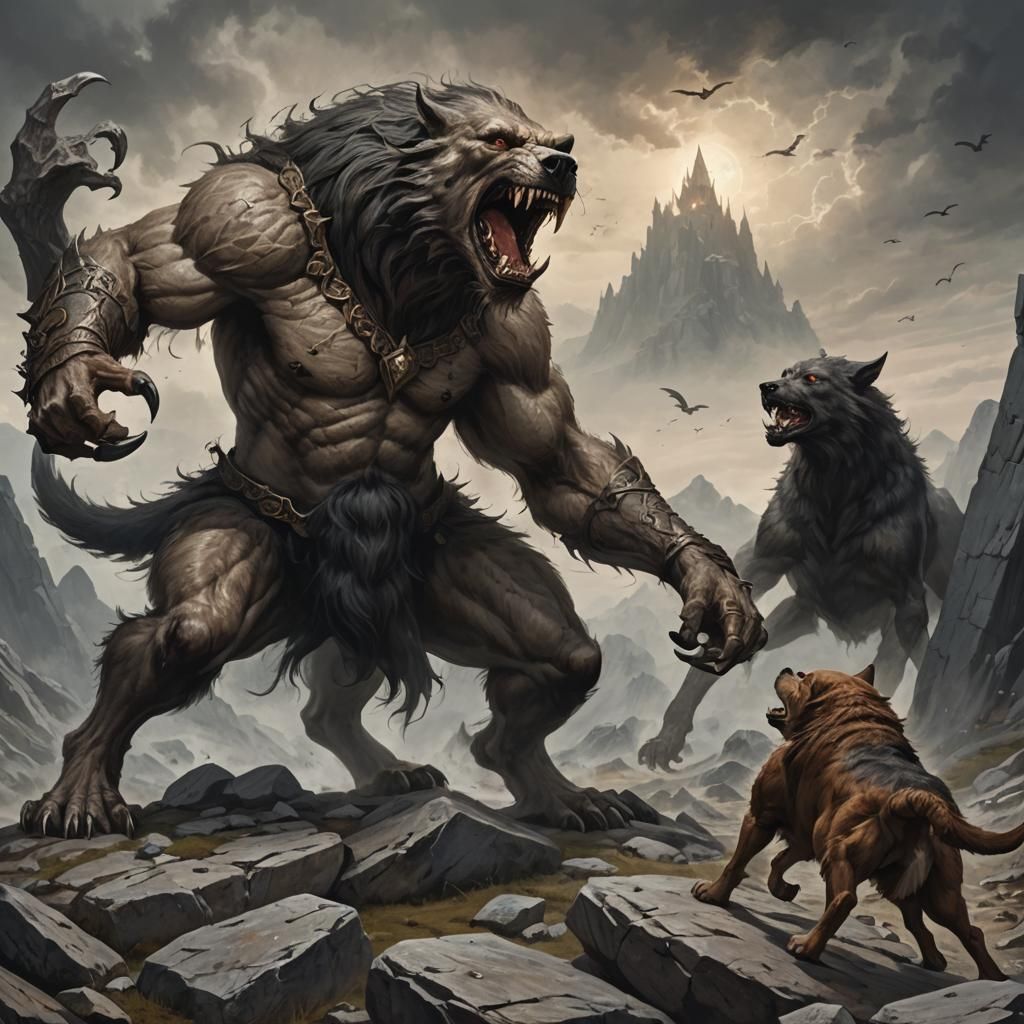 Mystical Hound Battles Giant Werewolf