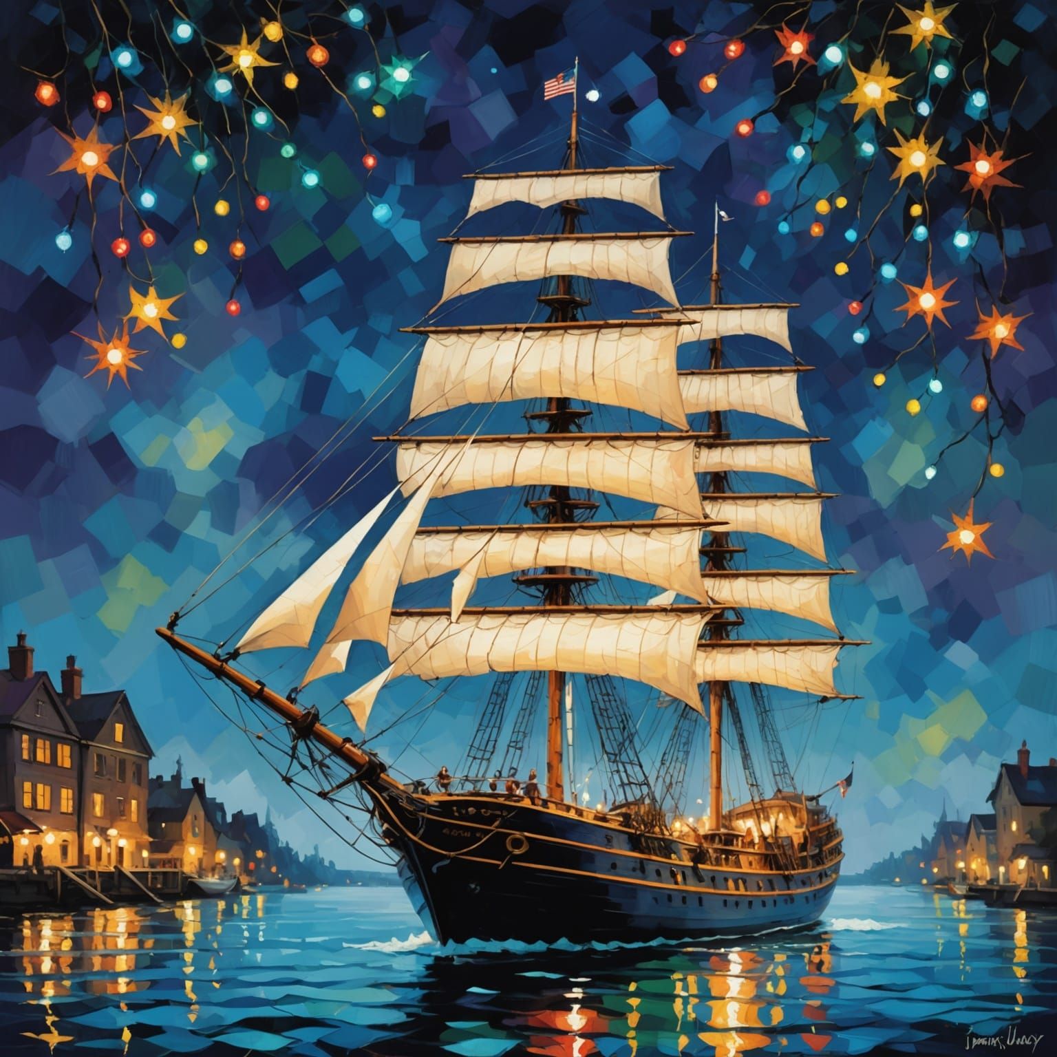 Tall Ship Aglow with Fairy Lights in Expressive Oil Style