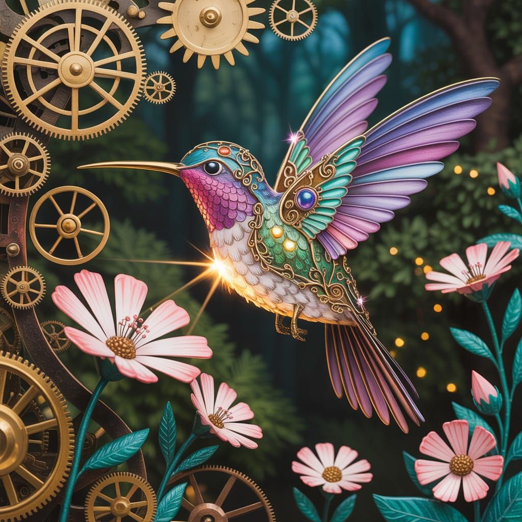 Steampunk Hummingbird in Clockwork Garden