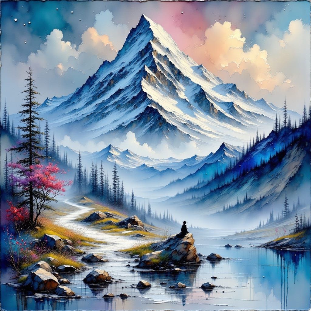 Majestic Snow Mountain Peak with Falling Snow