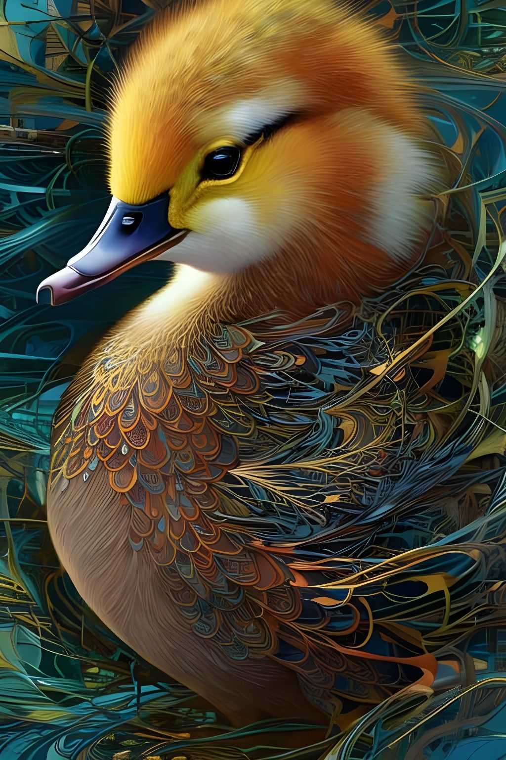 Cute Duckling Portrait with Golden Outlines