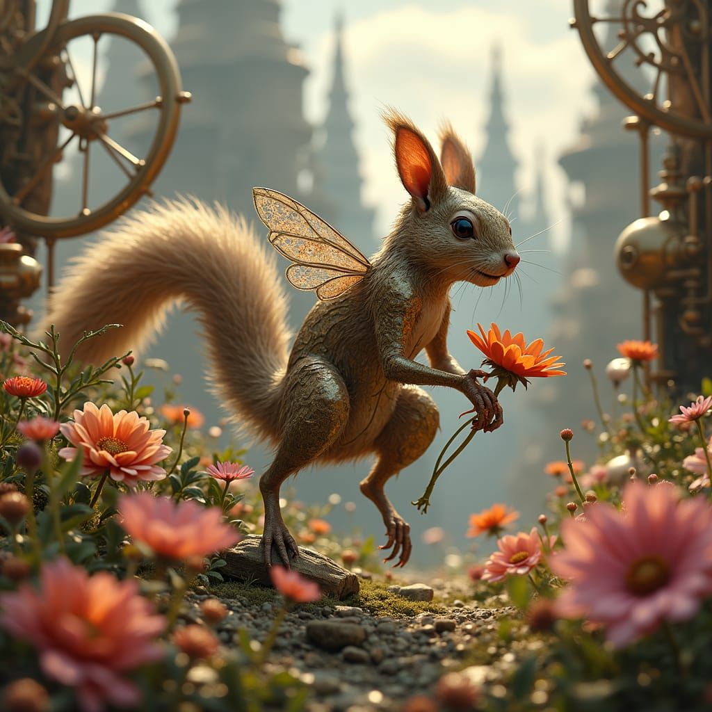 Steampunk Automaton Squirrel in Clockwork Garden