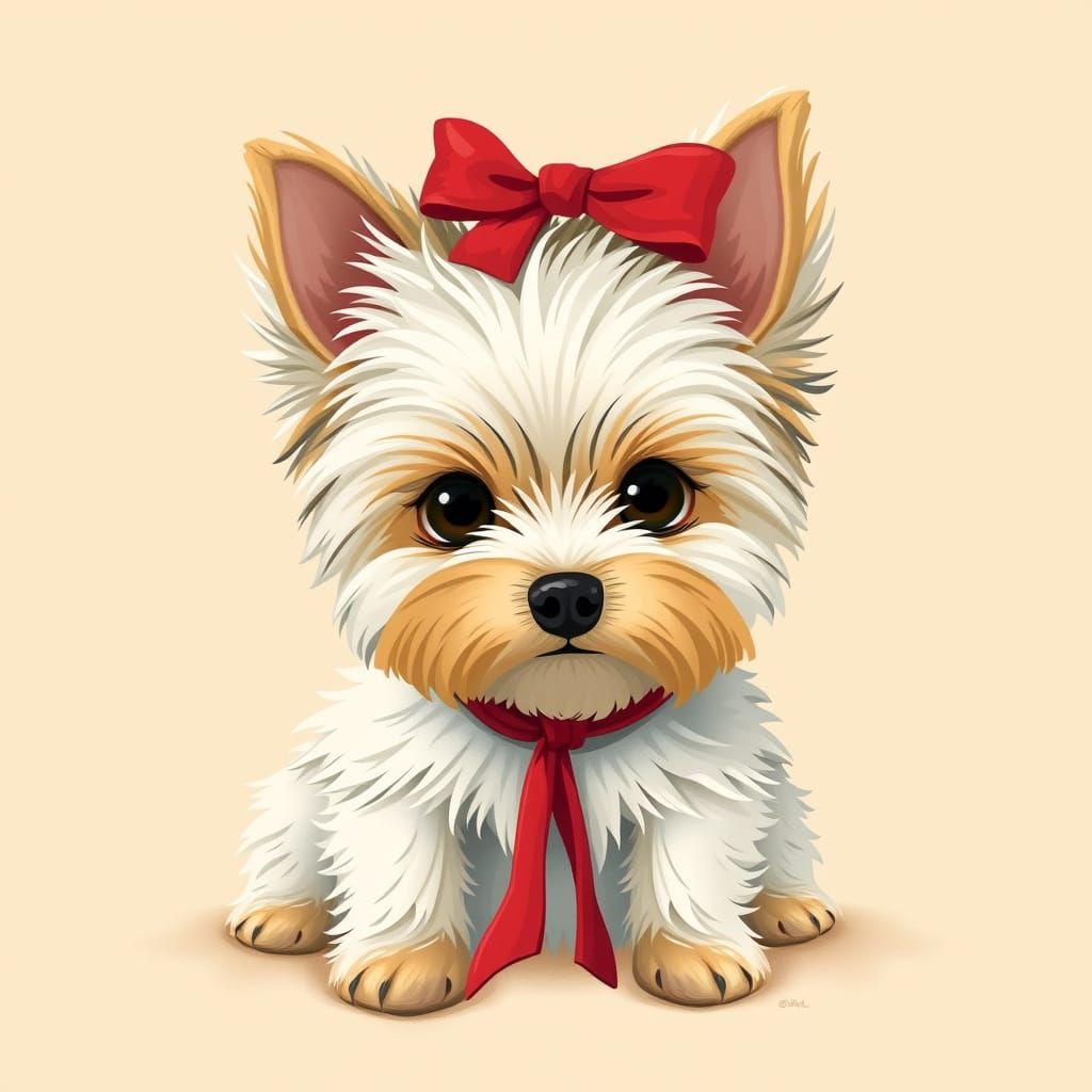 Playful Toy Yorkie with Red Bow in Whimsical Style