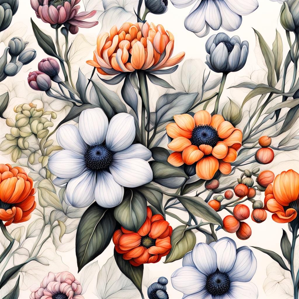 Botanical Ink Drawings with Airbrushed Oil Paint