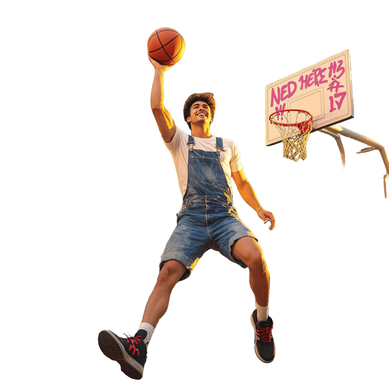 Dynamic Young Man Plays Basketball Under the Setting Sun in...