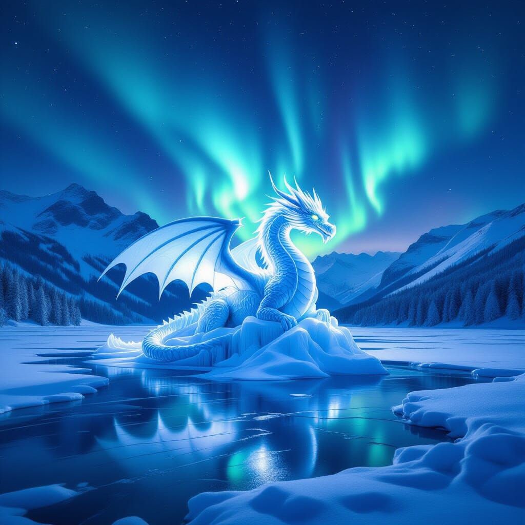 Ethereal Dragon Ice Sculpture Under Aurora Borealis in Swiss...