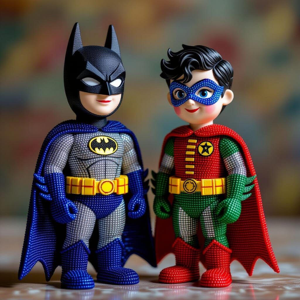Batman and Robin as Huichol Beaded Sculptures