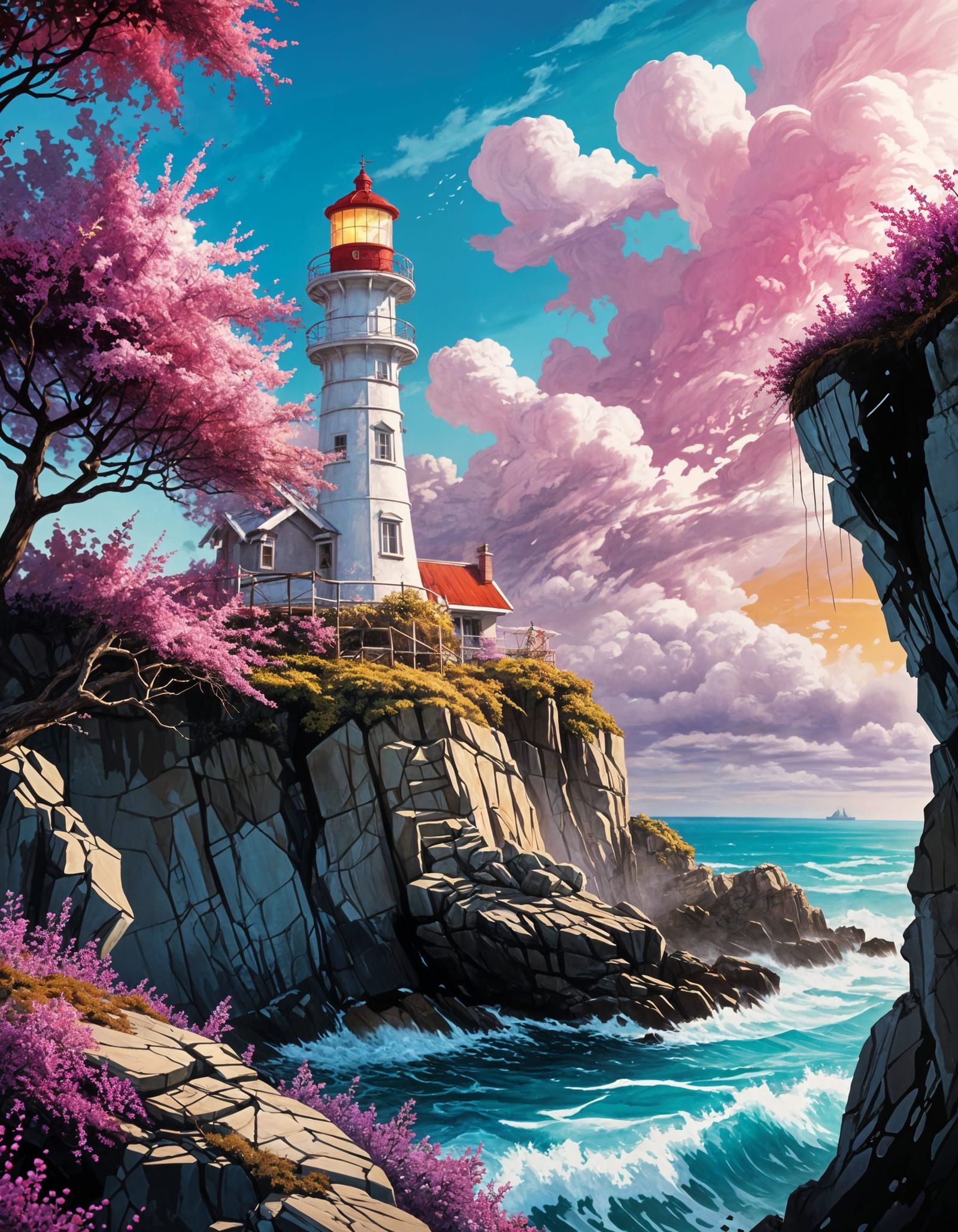 Whimsical New England Lighthouse in Vibrant, Dreamlike Color...