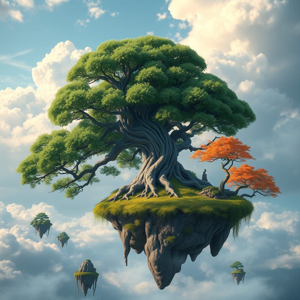 Majestic Bonsai Tree Amidst Lush Floating Island