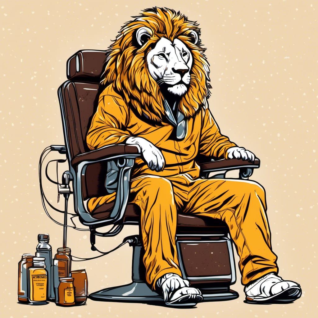 Line Art Lion in Barber's Chair Illustration