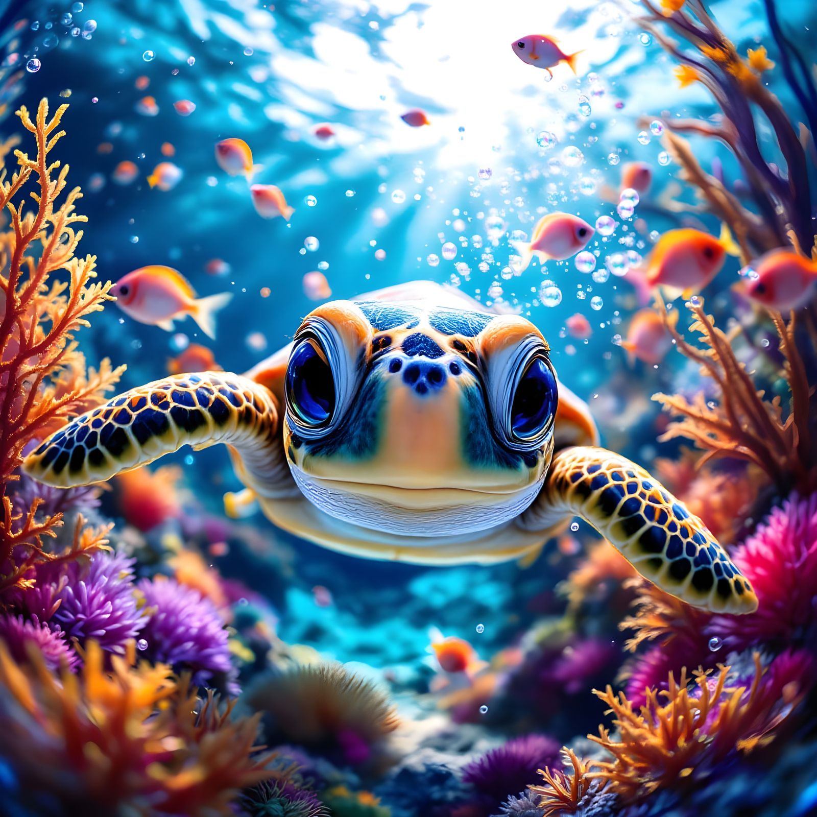 Vibrant Underwater Scene of Adorable Baby Turtle