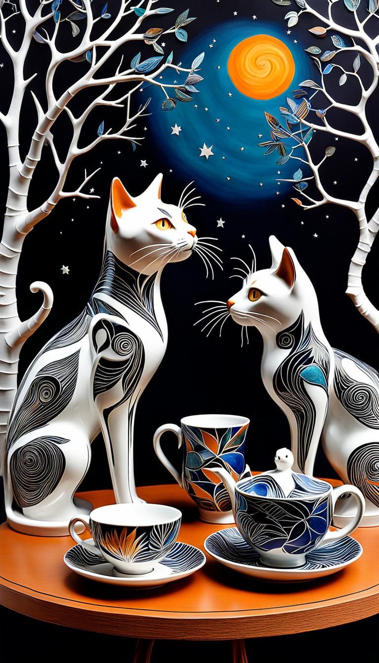 Surreal Cats and Starry Night Ceramic Tea Set