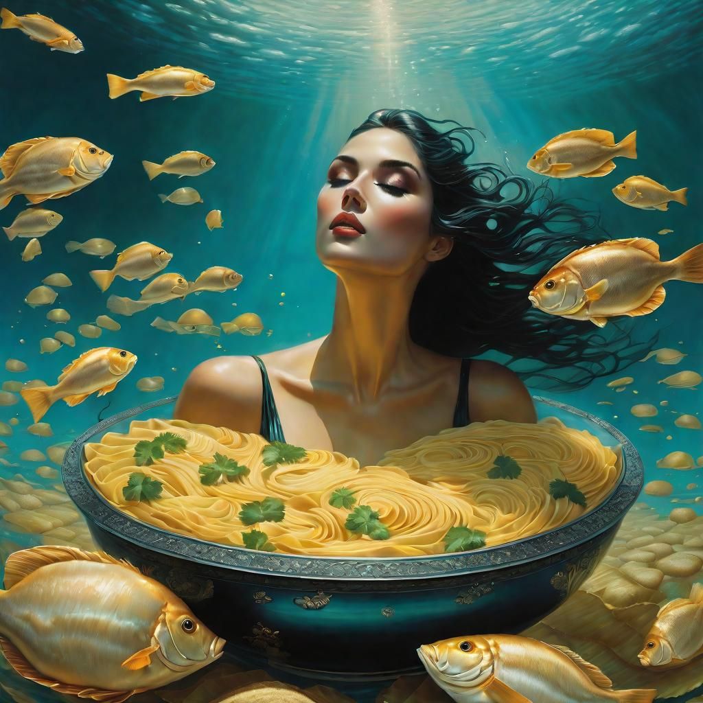 Woman Swimming in Ravioli Bowl: Surreal Art