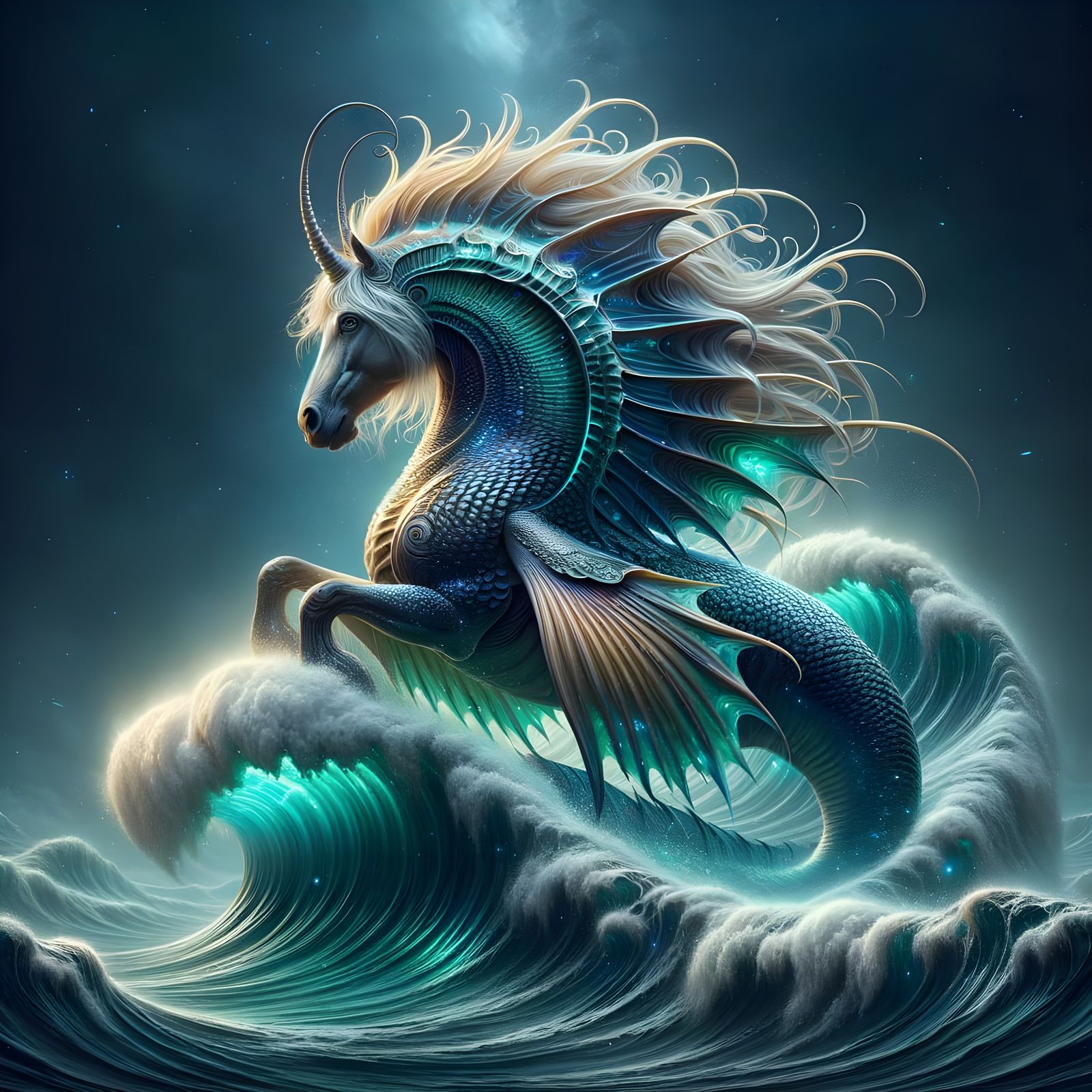 Mythical Hippocampus Surfing Glowing Waves