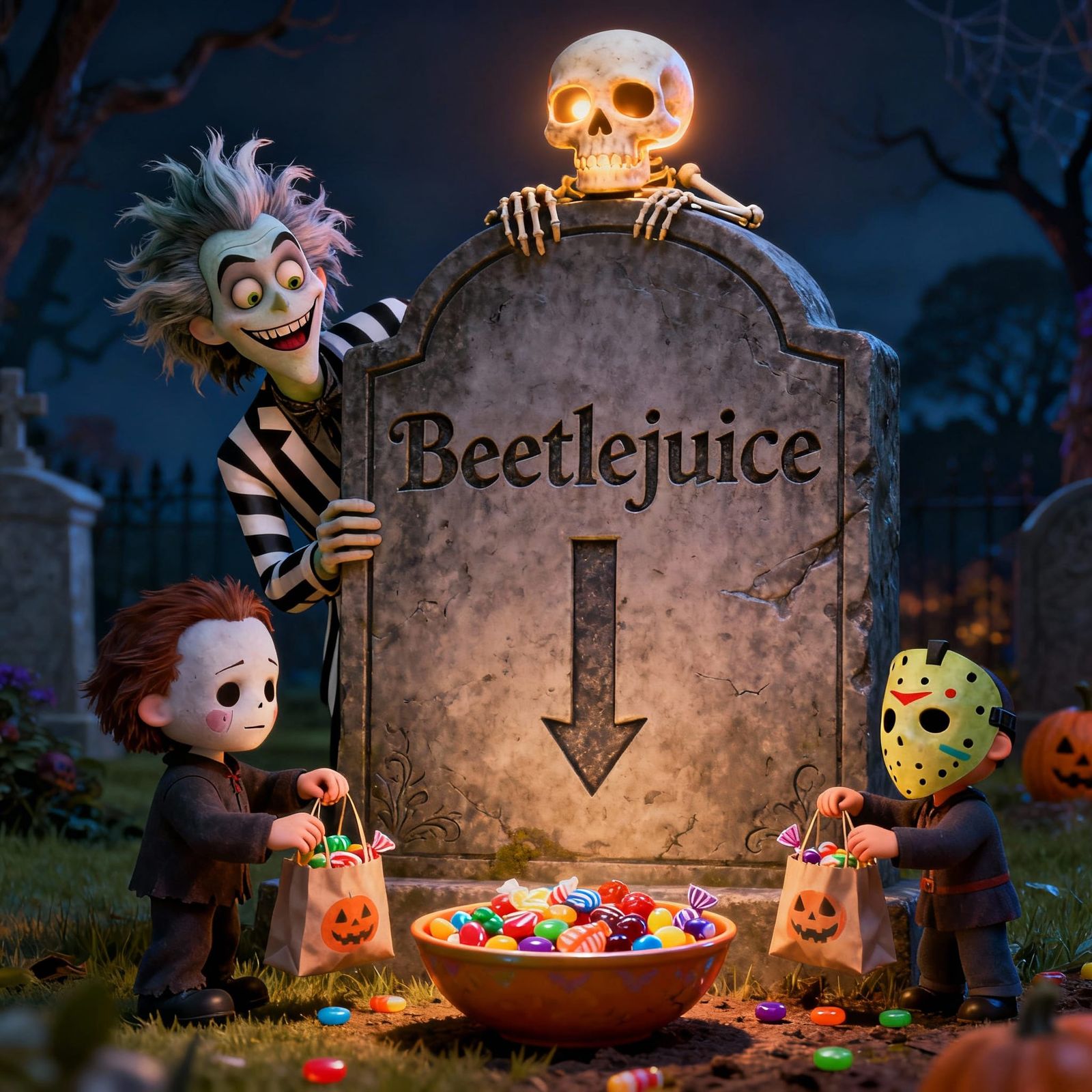 Beetlejuice Grave Scene in Pixar Animation Style