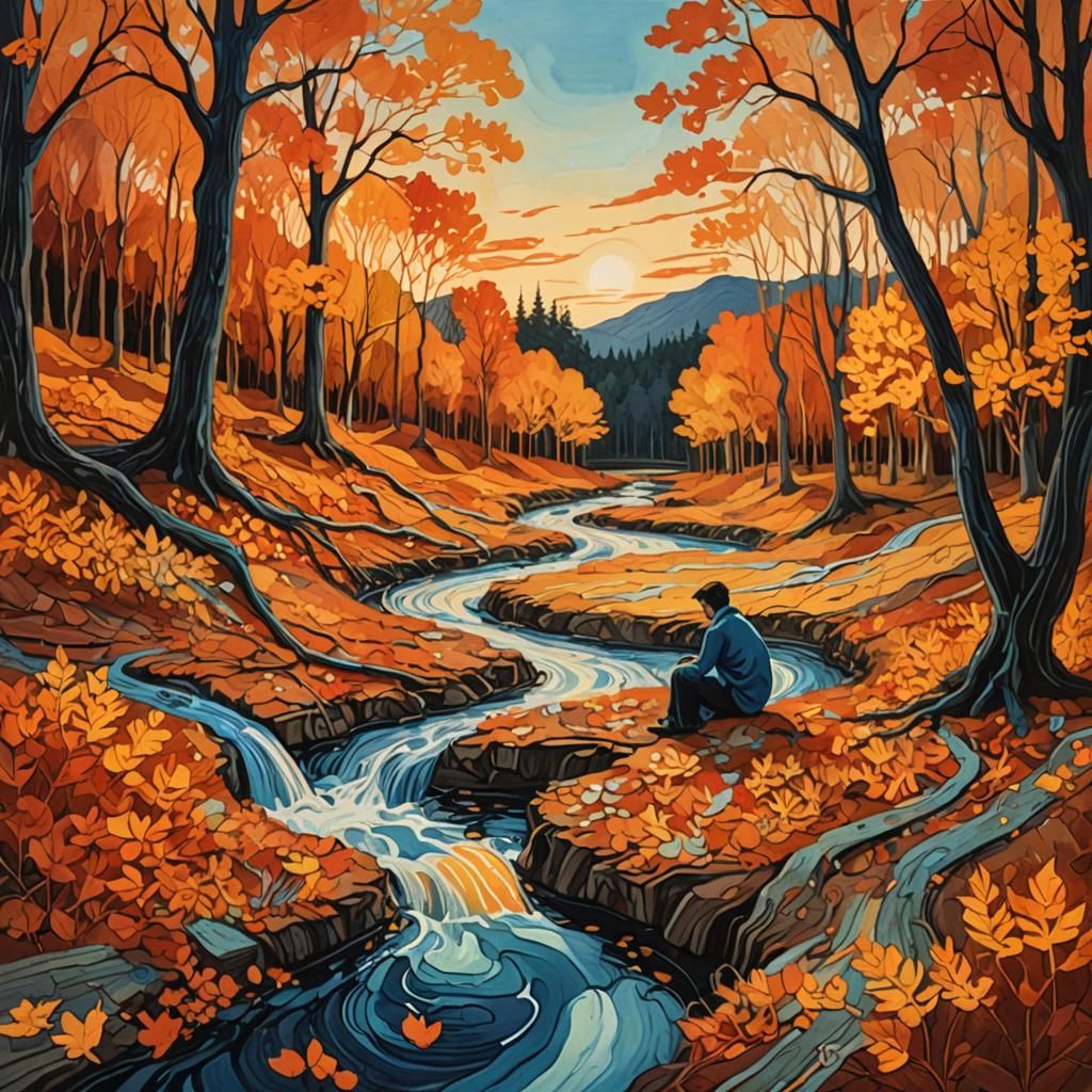 Surreal Autumn Scene with Winding Stream