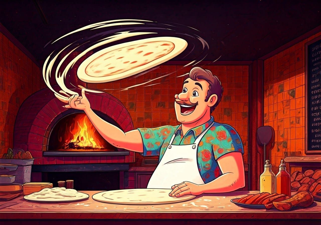 Psychedelic Cartoon of Pizza Chef in Yellow Submarine Style