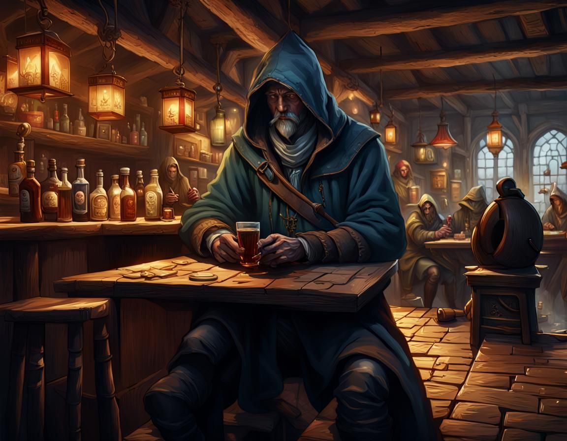 Hooded Figure in Busy Tavern: Detailed Matte Painting