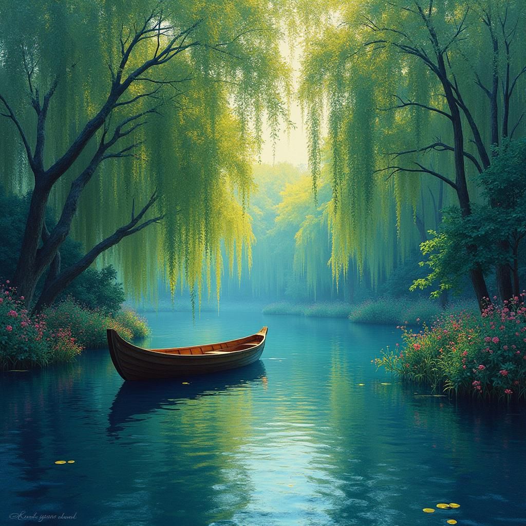 Pointillist Punt Under Willow Trees: Dreamy Water Scene