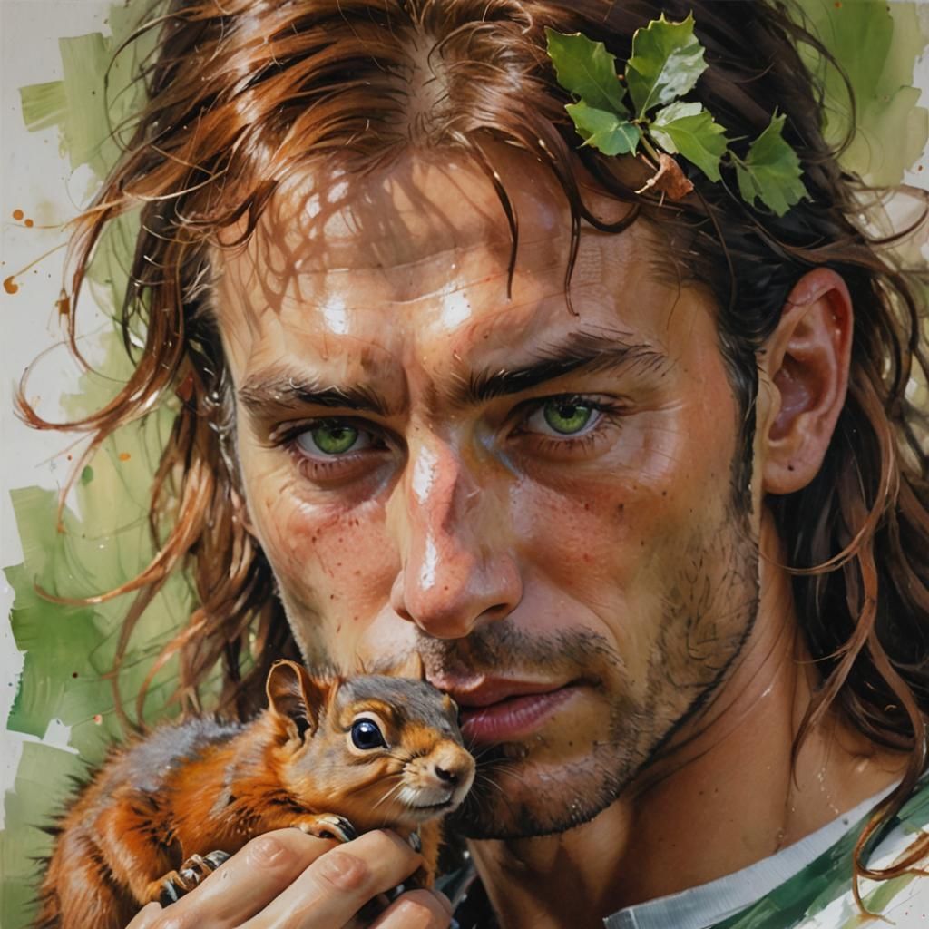 Tanned Man with Green Eyes Holds Ginger Squirrel