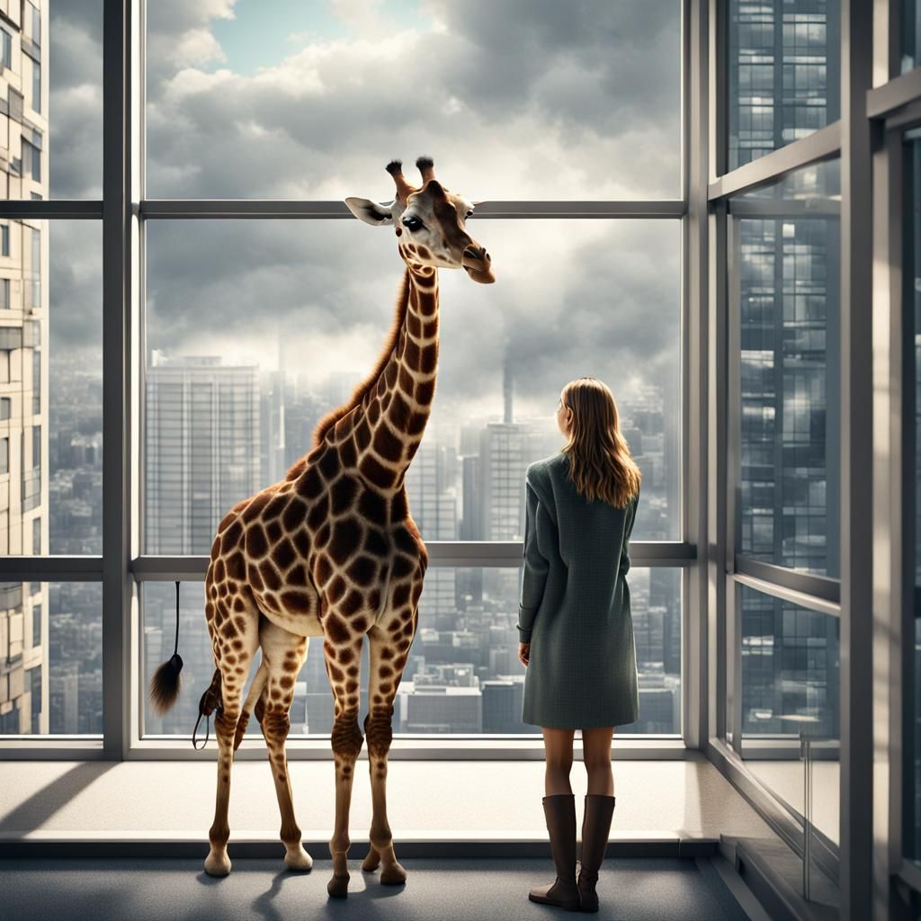 Friendly Giraffe Looks into Skyscraper Apartment Window